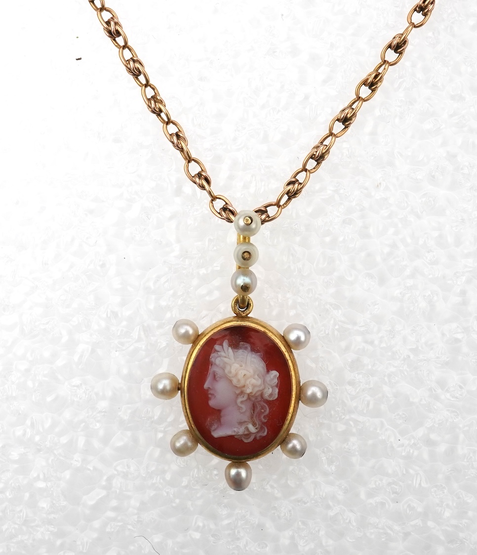A late Victorian hardstone cameo and pearl pendant, late 19th century